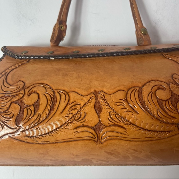 Vintage Brown Tooled Leather Purse Rhinestones Metal Clasp - Picture 5 of 16